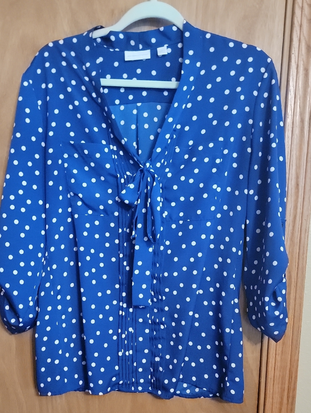New York & Company Blue Polka Dot Tie-Neck Blouse